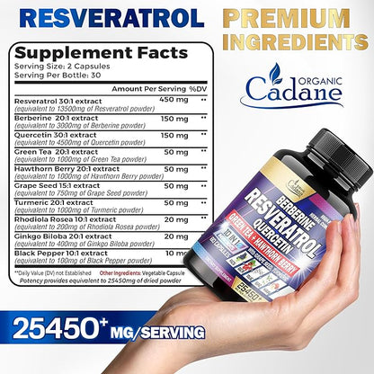 Premium Resveratrol Supplement 25450mg - Healthy Aging, Heart, Brain & Immune Support - 10in1 with Quercetin, Berberine, Green Tea, Turmeric, Black Pepper & More - 60 Capsules for 1 Month