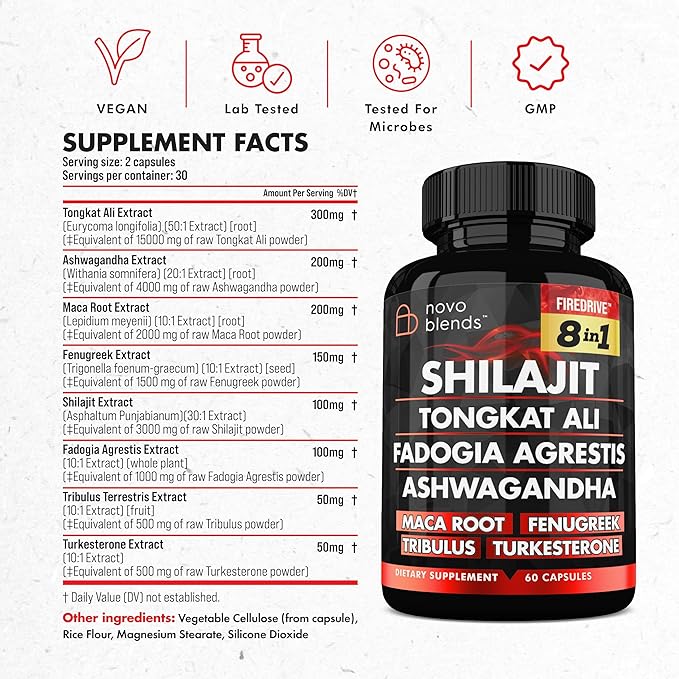 Shilajit 3000mg Tongkat Ali 15,000mg Fadogia Agrestis 1000mg Maca Root 2000mg Ashwagandha 4000mg Fenugreek 1500mg Tribulus Terrestris 500mg Turkesterone 500mg, 8-in-1 Supplement Blend for Men