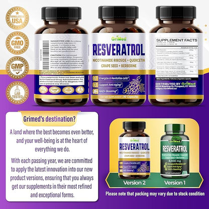 Resveratrol 8,900mg with Nicotinamide Riboside, Quercetin, Grape Seed, Berberine- NAD+ Boosting Supplement for Cells Energizing, Support Anti-Aging - Made in The USA