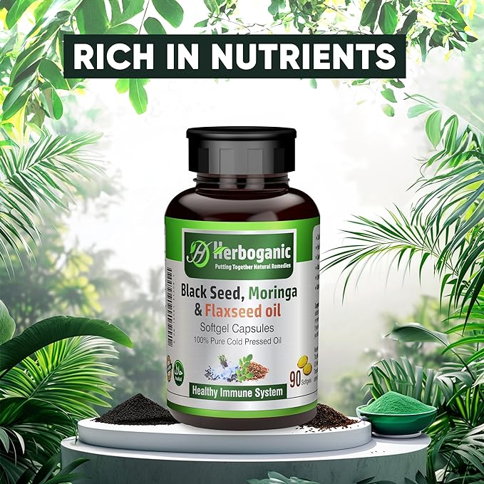 Black Seed, Moringa and Flaxseed Oil Softgels Capsules - 90 Count - Blended with Other Herbal Products-Supports Overall Health Wellness and Immunity.