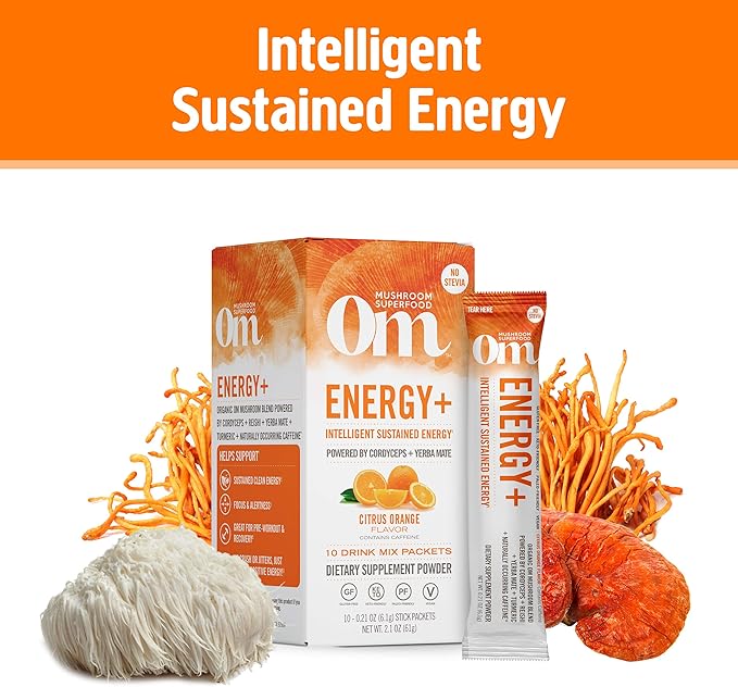 Om Mushroom Superfood Energy Plus Mushroom Powder Drink Mix, Citrus Orange, Single Serve, 10 Count, Mushroom Blend, Cordyceps, Yerba Mate, Tumeric, Vitamin B Complex, Pre-Workout, Immune Supplement