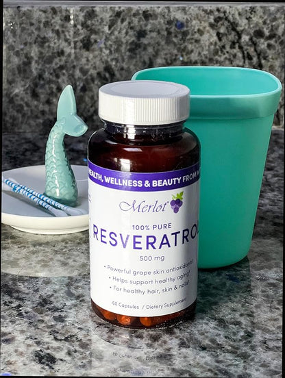 Merlot Resveratrol 500mg Capsules - 60 Count - Beauty Within AntiAging Supplement Non GMO Gluten Free- Made in USA