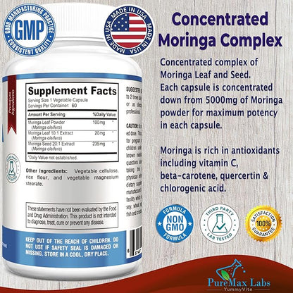 Moringa Capsules - Concentrated Complex of Moringa Leaf & Moringa Seed from 5000mg of Moringa Powder, Super antioxidant, 60 Capsules