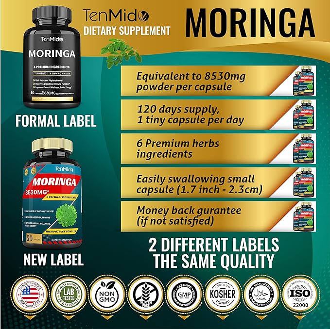 2 Packs Moringa Capsules 8530mg, 4 Months Supply with Turmeric, Ashwagandha, Ginger, Licorice, Black Pepper | Immune Support, Energy Booster | Oleifera Leaf Herb Supplements