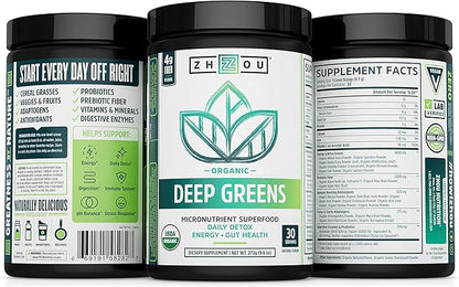 Zhou Deep Greens | Organic | Morning Complete Prebiotic Probiotic Powder | Green Blend of Wheatgrass, Spirulina, and Maca Powder | 9.6 oz, 30 Servings