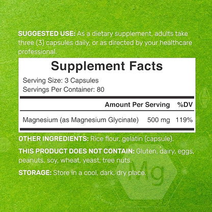 Max Strength Magnesium Glycinate 500mg Per Serving, 240 Capsules | Chelated, Highly Purified, Essential Mineral | Magnesium Supplement for Muscle, Joint, & Heart Health