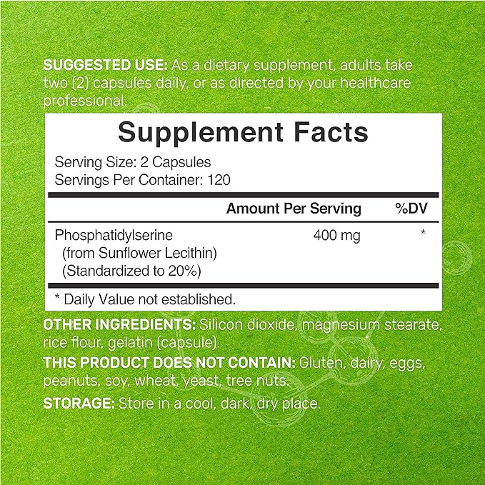 Phosphatidylserine Supplement, 400mg Per Serving, 240 Capsules – Soy Free Sunflower Lecithin Source – Retains 20% Active PS – Nootropic Brain Health Support – GMO Free