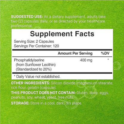 Phosphatidylserine Supplement, 400mg Per Serving, 240 Capsules – Soy Free Sunflower Lecithin Source – Retains 20% Active PS – Nootropic Brain Health Support – GMO Free