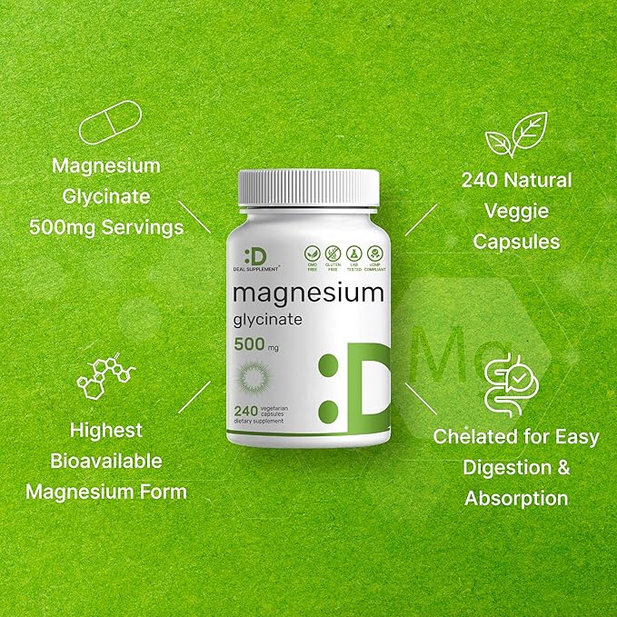 DEAL SUPPLEMENT 2 Pack Magnesium Glycinate 500mg, 480 Veggie Capsules | Chelated for Easy Absorption | Highly Purified Essential Trace Mineral for Muscle, Joint, Heart, & Digestive Health