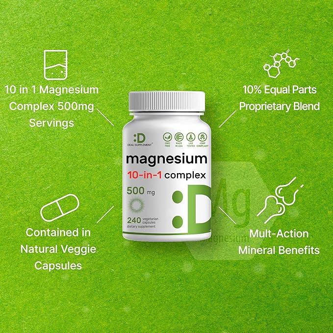 Magnesium Complex Supplement – 10 in 1 – Glycinate, Citrate, Malate, & More – High Bioavailable Chelated Minerals – Veggie Capsules