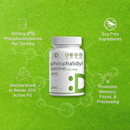 Phosphatidylserine Supplement, 400mg Per Serving, 240 Capsules – Soy Free Sunflower Lecithin Source – Retains 20% Active PS – Nootropic Brain Health Support – GMO Free