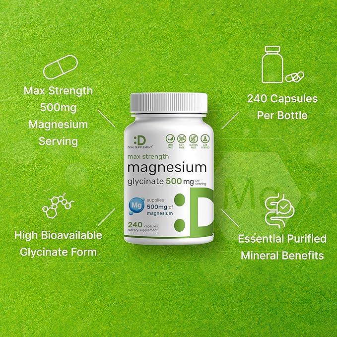 Max Strength Magnesium Glycinate 500mg Per Serving, 240 Capsules | Chelated, Highly Purified, Essential Mineral | Magnesium Supplement for Muscle, Joint, & Heart Health