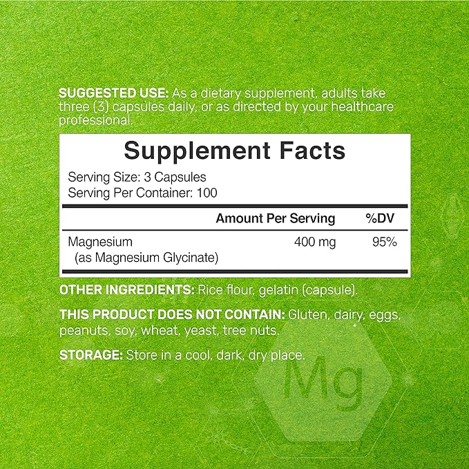 Magnesium Glycinate 400mg | Elemental Magnesium - 300 Capsules | Chelated for Easy Absorption | Highly Purified Essential Trace Mineral for Muscle, Joint, Heart, & Immune Support